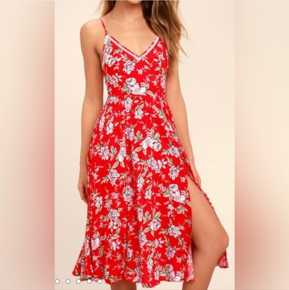 Lulus Dresses & Skirts - Lulu's Vibrant Red Floral Midi Dress